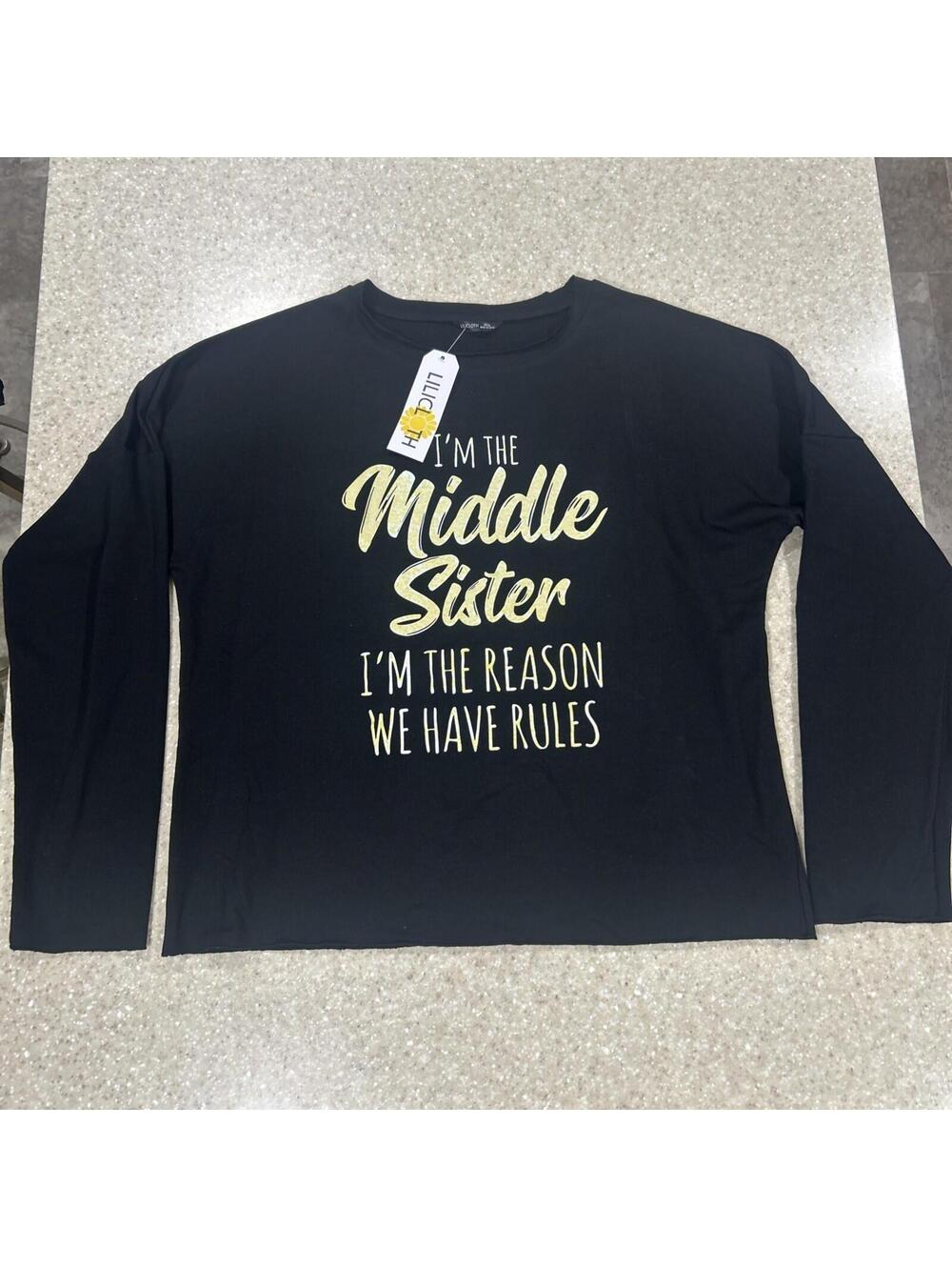 Lilicloth Women’s XL Long Sleeve Shirt Middle Sister Siblings Family Graphic Tee